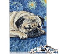Pug Sleeping Starry Night Painting Puzzles500 Pieces Wood Puzzle Jigsaws for Adults Jigsaw Puzzles for Adults Educational Game Challenge Toy 500pcs (52x38cm)