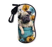 Pug Soft Glasses Case, Floral Yellow and Blue Flower Design Safety Sunglasses Cases With Zipper Hook Up, Portable Storage T, Yellow, 3x7 Inch