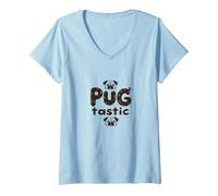 Pug Tastic Adorable Dog Lovers Whimsical V-Neck T-Shirt, Women, Baby Blue, S
