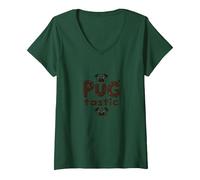 Pug Tastic Adorable Dog Lovers Whimsical V-Neck T-Shirt, Women, Forest Green, L