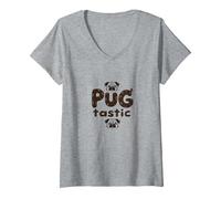 Pug Tastic Adorable Dog Lovers Whimsical V-Neck T-Shirt, Women, Heather Grey, S