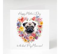 Pug with heart flowers, Mother's Day card for Pug Mums, Square, 148cm with envelope