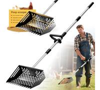 Pugala 5-in-1 Large Chicken Poop Scooper & Rake - 24" to 68" Long Adjustable Stainless Steel Handle, 10" Wide Metal Sifting Shovel Head - Heavy Duty Chicken Coop Cleaning Tool for Litter & Sand,Black