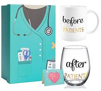 PUGED Before Patients After Patients Gift Set 11 oz Coffee Mug and 18 oz Stemless Wine Glass with Gift Package for Dentist Nurses Day Graduation Gifts (Blue)