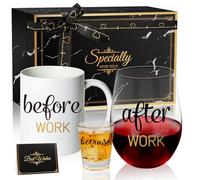 PUGED Before Work After Work Because Work Gift Set 11 oz Coffee Mug 18 oz Wine Glass 2 oz Shot Glass with Gifted Box for Coworkers Boss Office Gifts Bosses Day Christmas Farewell Party Gift (Black)