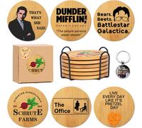 PuGez The Office Bamboo Wood Coasters Set of 6, The Office Themed Dunder Mifflin Engraved Coaster, The Office TV Show Gifts for Men or Women (Office Coasters New)