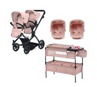 Puggle 4-Piece Grace Duo Twin Dolls Stroller Pushchair with 2 Car Seats, 3-In-1 Cot, Changing & Feeding Station - Blush Pink