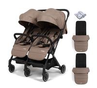Puggle City Traveller Light Weight Compact Fold Twin Pushchair with 2 Universal Footmuffs - Truffle