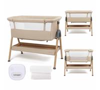 Puggle Dreamy Bedside Crib with Night Light & Bedside Crib Fitted Sheets, 4-Piece Bundles - Cashmere