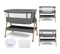 Puggle Dreamy Bedside Crib with Night Light & Bedside Crib Fitted Sheets, 4-Piece Bundles - Grey