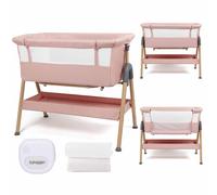 Puggle Dreamy Bedside Crib with Night Light & Bedside Crib Fitted Sheets, 4-Piece Bundles - Pink