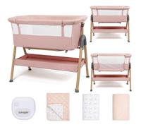 Puggle Dreamy Beside Crib with Musical Night Light & Wild At Heart Bedding Set, 5-Piece Bundle - Pink