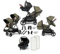 Puggle Memphis 2-in-1 Duo Double Travel System & Infant i-Size Car Seat | Single to Double Pram with Infant i-Size R129 Car Seat, 12 Configurations & Parent or World-Facing Seats - Forest Green