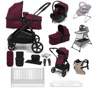 Puggle Monaco XT 2-in-1 Travel System with Henbury Cot Bed & Eco Fibre Mattress 14-Piece Bundle - Burgundy