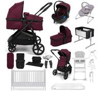 Puggle Monaco XT 2-in-1 Travel System with Henbury Cot Bed & Eco Fibre Mattress 14-Piece Bundle - Burgundy