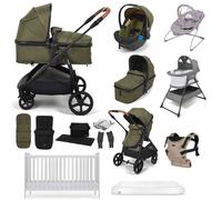 Puggle Monaco XT 2-in-1 Travel System with Henbury Cot Bed & Eco Fibre Mattress 14-Piece Bundle - Forest Green