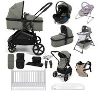Puggle Monaco XT 2-in-1 Travel System with Henbury Cot Bed & Eco Fibre Mattress 14-Piece Bundle - Seagrass