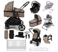 Puggle Monaco XT 2-in-1 Travel System with Henbury Cot Bed & Eco Fibre Mattress 14-Piece Bundle - Truffle