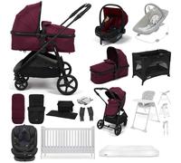 Puggle Monaco XT i-Size Travel System with Henbury Cot Bed & Mattress 15-Piece Bundle - Burgundy