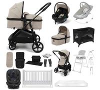 Puggle Monaco XT i-Size Travel System with Henbury Cot Bed & Mattress 15-Piece Bundle - Cashmere