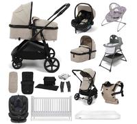 Puggle Monaco XT i-Size Travel System with Henbury Cot Bed & Mattress 15-Piece Bundle - Cashmere