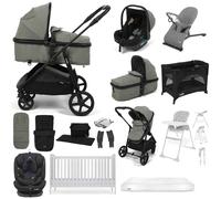 Puggle Monaco XT i-Size Travel System with Henbury Cot Bed & Mattress 15-Piece Bundle - Seagrass