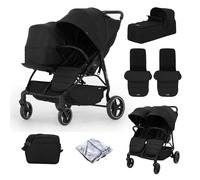 Puggle Urban City Easyfold Twin Double Pushchair with 2 Footmuffs, Soft Carrycot & Bag - Storm Black