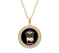 Pugicorn Round Pendant Necklaces for Women Alloy Rhinestone Jewelry Custom Picture Necklace