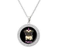 Pugicorn Round Pendant Necklaces for Women Alloy Rhinestone Jewelry Custom Picture Necklace