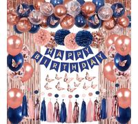 Pugkloy Rose Gold and Navy Blue Birthday Party Decorations with Happy Birthday Banner, Curtains, Butterfly Wall, Circle Dots Garland, Tissue Pompoms, Paper Tassels for Her