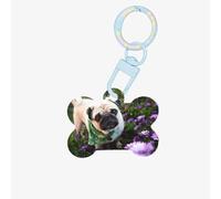 Pugs in The Garden Printing Acrylic Dog Bone Ornament,Pet Tags,Key Chain Dogs Tag for Holiday for Pet Lovers,Dogs Gift