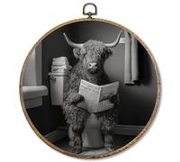 Pugwak Funny Highland Cow Bathroom Round Wall Art Decor Prints, Western Cow Canvas Art Framed, Funny Farm Animal Reading on Toilet Artwork Wall Hanging Decor for Bathroom Washroom Restroom, 10x10in