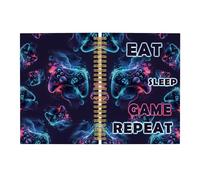 Pugwak Gaming Black Neon Journal Notebook - Eat Sleep Game Repeat Notebooks College Ruled for Gamer, Gifts for Boys Gamer, Office School Supplies, Hardcover Spiral Notebook 5.5"x8.3"