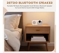 puhae Portable FM Radio Rechargeable Small Wireless Bluetooth Speaker Surround Stereo Sound USB Vintage Radios Cream Color