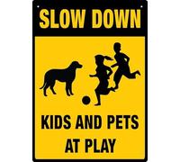 Puhayexi Slow Down Kids And Pets At Play Sign Warning Tin Sign Home Kitchen Farm Garden Garage Wall Decor 12X8Inch