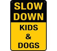 Puhayexi Slow Down Kids Dogs Sign Outdoor Metal Sign - 12 X 8 Metal Signs For Business, Workplace, Office, Home, Delivery Signs, Road Signs, Garden Signs