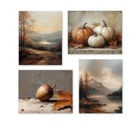 PUHEI Rustic Fall Mountain Landscape Wall Art Prints Set of 4, Farmhouse Autumn Acorn Pumpkin Wall Posters Decor for Home Bedroom Living Room, Fall Gifts for Women Poster Prints (8x10 Inches UNFRAMED)