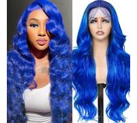 PUHPUH 28 Inch Dark Blue HD Transparent Lace Front Wig Human Hair Wavy Dark Blue Wig Human Hair 180% Density Pre Plucked Body Wave Glueless Navy Blue Human Hair for Black