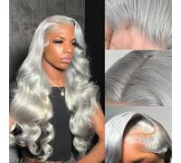 PUHPUH Grey Lace Front Wig Human Hair 200% Density 13x6 Full Frontal HD Transparent Lace Wig Pre Plucked Wavy Grey Tone Deep Part Lace Front Wig for Black