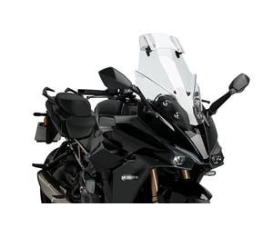 Puig 21343W Touring Windscreen with Transparent Visor to improve aerodynamic protection, increase comfort on the road and offer more stable and safe riding in all types of journeys