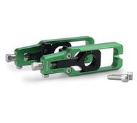 Puig 22204V Chain Tensioner; precise and sporty design; made of machined anodized aluminum; easy adjustment with visible markings; perfect aesthetic integration with swingarm, Green