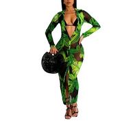 PuiLean Women's Sexy Summer Sheer Mesh Dresses Button Down Long Sleeve See Through Swimwear Maxi Dress, F-flower Green, XXL