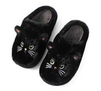 Puimentiua Cat Fluffy Slippers - Preppy Animal Sliders for Women & Men - Black