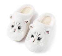 Puimentiua Cat Slippers for Women and Men, Animal Fluffy Sliders, Preppy Warm Funny Home Slippers - White