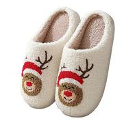 Puimentiua Warm Christmas Slippers, Unisex Elk Sliders,Preppy Slipper Cute Pumpkin Slippers for Women Soft Plush Fluffy Cartoon Home Slides（02-Elk）