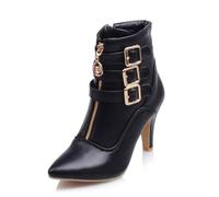 PUIOKA Women's Ankle Boots Zippered Pointed Toe Stiletto Heel Booties Metal Buckle Decoration