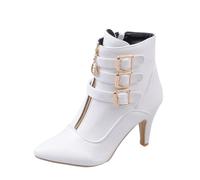 PUIOKA Women's Ankle Boots Zippered Pointed Toe Stiletto Heel Booties Metal Buckle Decoration
