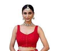 Pujia Mills Fancy Potli Pattern Blouse Ready Made with Embroidery Lucknowi Work Sequence Work Indian Ethnic Designer Sleeveless Blouse Ready Made Sweetheart Neck Blouse, Red, 8