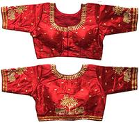 Pujia Mills Heavy Ghost Silk Multicolor Saree Blouse With Gold Thread Embroidered Sequins Zari Work Half Sleeve (38 Sizes + Margin), Dark Red, 38