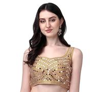 Pujia Mills Ladies Sari Blouse Multicolor Heavy Phantom Silk Thread Zari Sequence Work and Real Mirror Handmade Sleeves Attached Inside Gold-Coloured Size 12